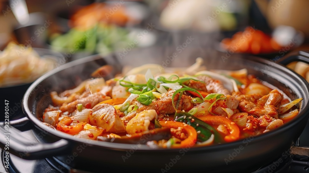 Capturing the warmth and deliciousness of a traditional Korean hotpot dish being enjoyed together by a group of friends and family creating a cozy and bonding experience around the table Capturing the warmth and deliciousness of a traditional Korean hotpot dish being enjoyed together by a group of friends and family creating a cozy and bonding experience around the table