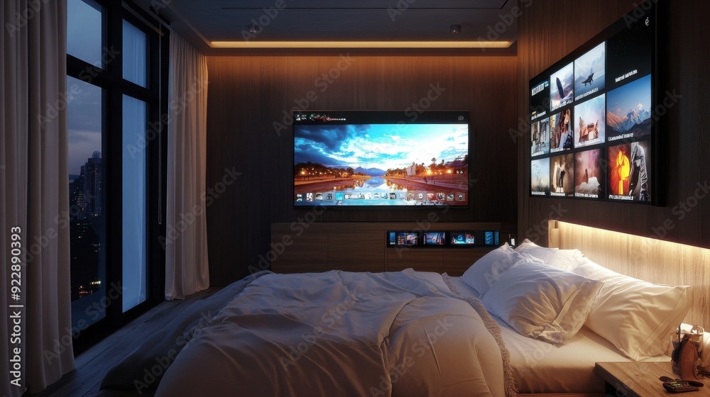 Cozy Bedroom with Wall-Mounted Smart TV Streaming Travel Vlog, Comfortable Bed, and Relaxing Ambiance Cozy Bedroom with Wall-Mounted Smart TV Streaming Travel Vlog, Comfortable Bed, and Relaxing Ambiance