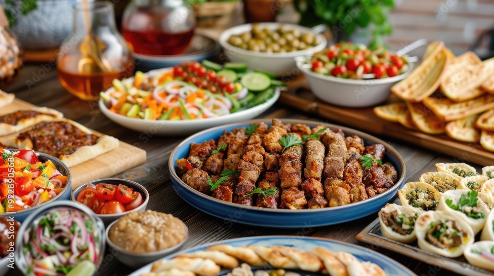Vibrant spread of traditional Middle Eastern dishes and delicacies on a festive table setting inviting guests to savor the flavors and aromas of this celebratory banquet