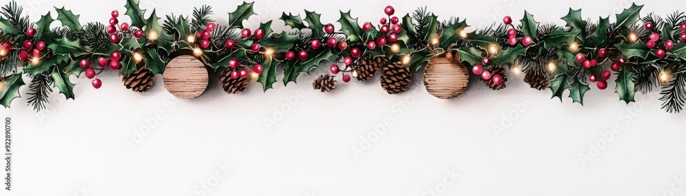A festive Christmas garland adorned with pine, berries, and rustic ornaments, perfect for holiday decorations and celebrations. A festive Christmas garland adorned with pine, berries, and rustic ornaments, perfect for holiday decorations and celebrations.