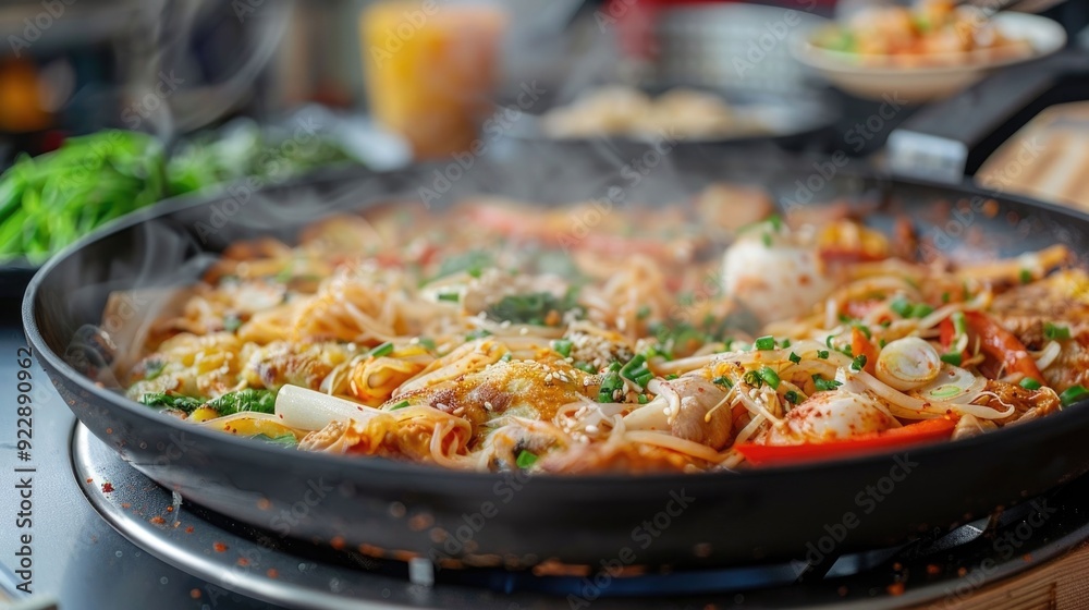 Capturing the Communal Joy of Friends Cooking and Sharing Delectable Korean Pancakes Together at a Vibrant Gathering Filled with Lively Atmosphere and Flavorful Aromas