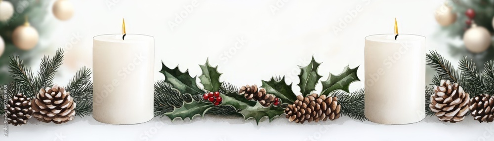 Festive candle arrangement with pine cones and holly, perfect for holiday decorations and seasonal celebrations. Festive candle arrangement with pine cones and holly, perfect for holiday decorations and seasonal celebrations.