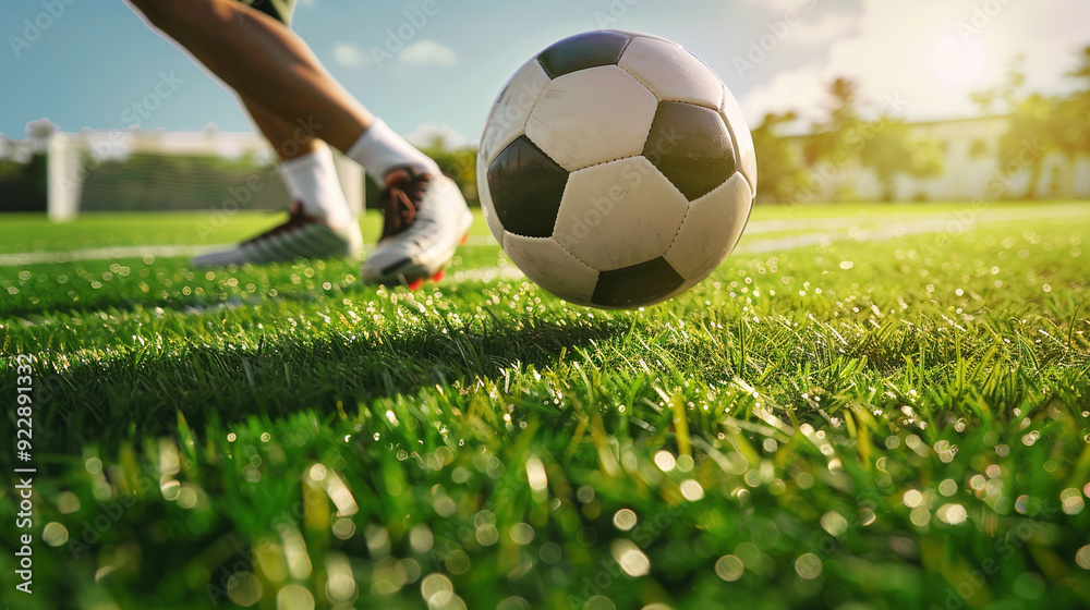 soccer player kicking a ball with power on a goal ring soccer player kicking a ball with power on a goal ring