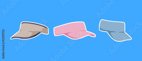 Collection of visor cap, golf, tennis, sport hat with flat style. Isolated on blue background. Vector illustration.
