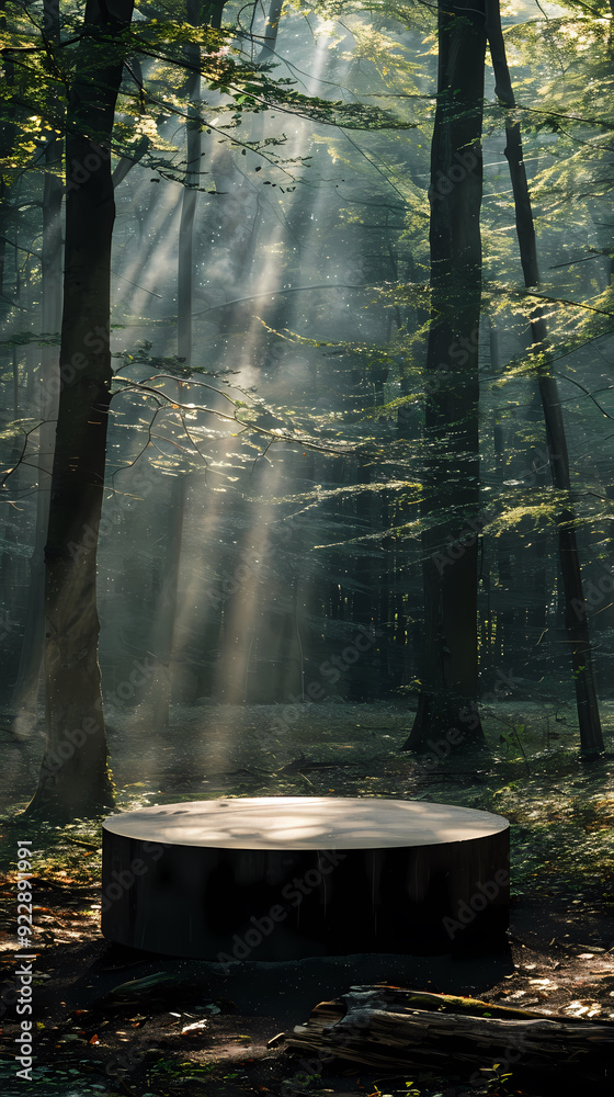 Round podium in the middle of a forest with sunlight filtering through the trees Round podium in the middle of a forest with sunlight filtering through the trees
