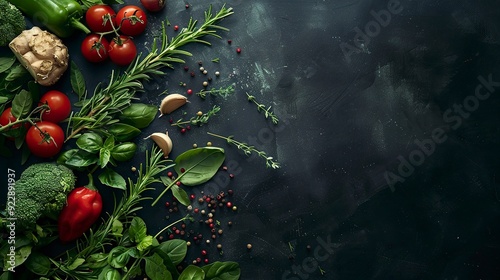 top view herbs, vegetables, with plain black background, with empty copy space, minimalist, traditional, dining room, natural light, professional food photography, generativ ai