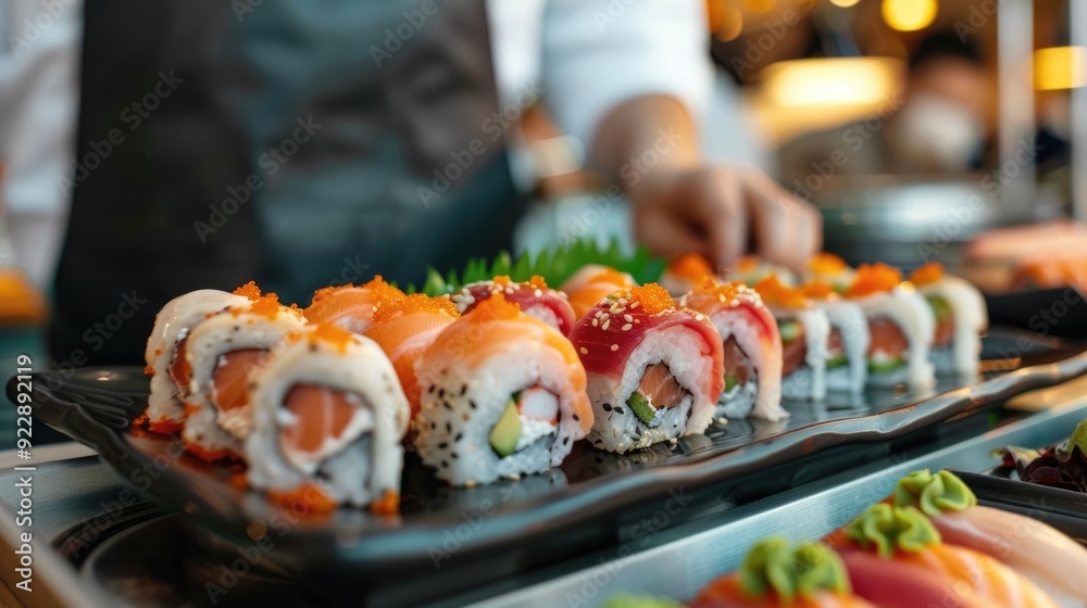 A group of friends gathered at a charming Japanese restaurant indulging in a delectable spread of freshly prepared sushi dishes A group of friends gathered at a charming Japanese restaurant indulging in a delectable spread of freshly prepared sushi dishes