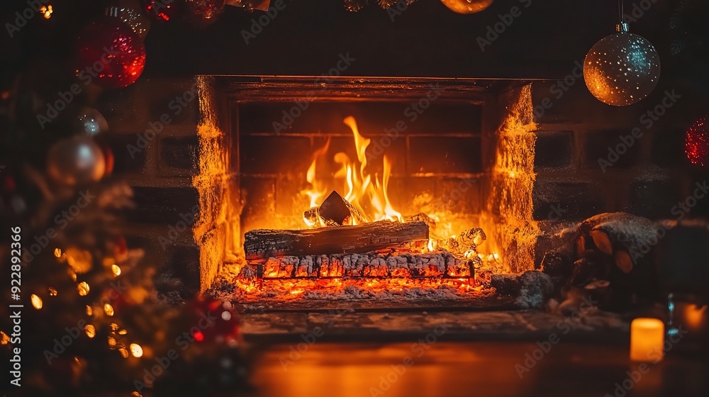 Cozy Christmas Fireside: A crackling fireplace ablaze with warm, inviting flames, surrounded by Christmas ornaments and a decorated tree, creating a festive winter scene. Cozy Christmas Fireside: A crackling fireplace ablaze with warm, inviting flames, surrounded by Christmas ornaments and a decorated tree, creating a festive winter scene.