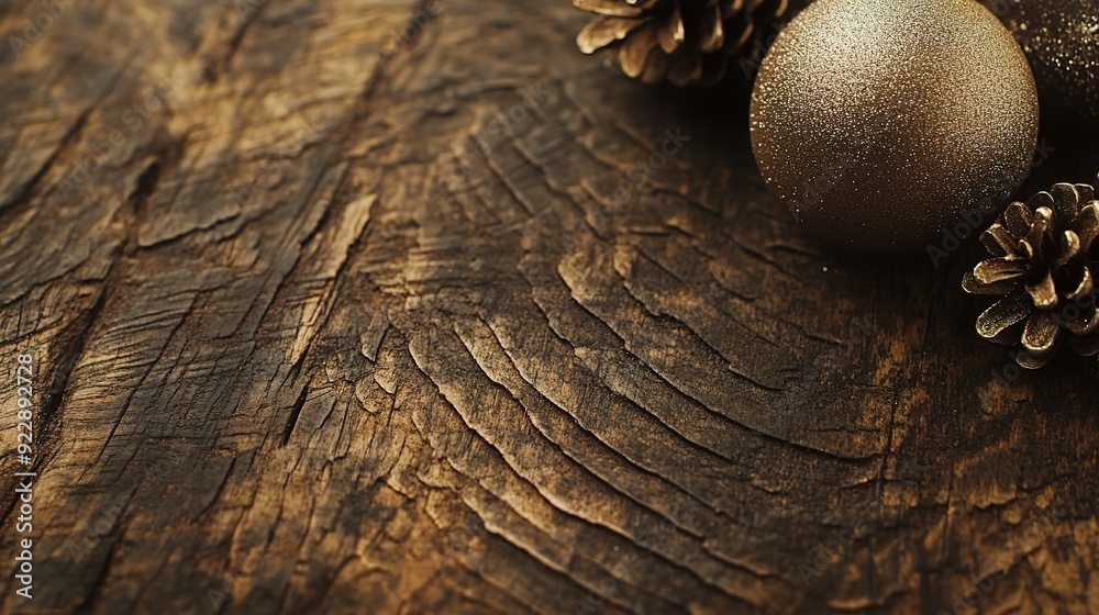 Rustic Christmas Charm: A simple yet elegant Christmas backdrop featuring a golden ornament and pine cones on a rustic wooden surface.