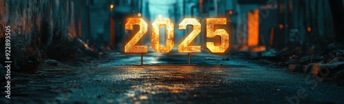 Sign that says 2025 on a wet street, New Year 2025