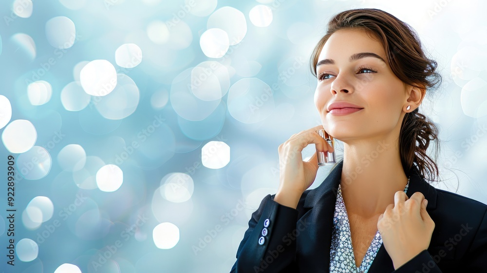 Confident businesswoman in a black blazer smiling against a blue bokeh background, representing success and professional achievement. Confident businesswoman in a black blazer smiling against a blue bokeh background, representing success and professional achievement.