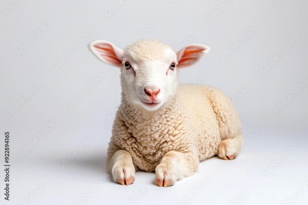 Fototapeta premium White lamb resting on a plain background, front-facing, soft wool texture, calm and innocent animal portrait.