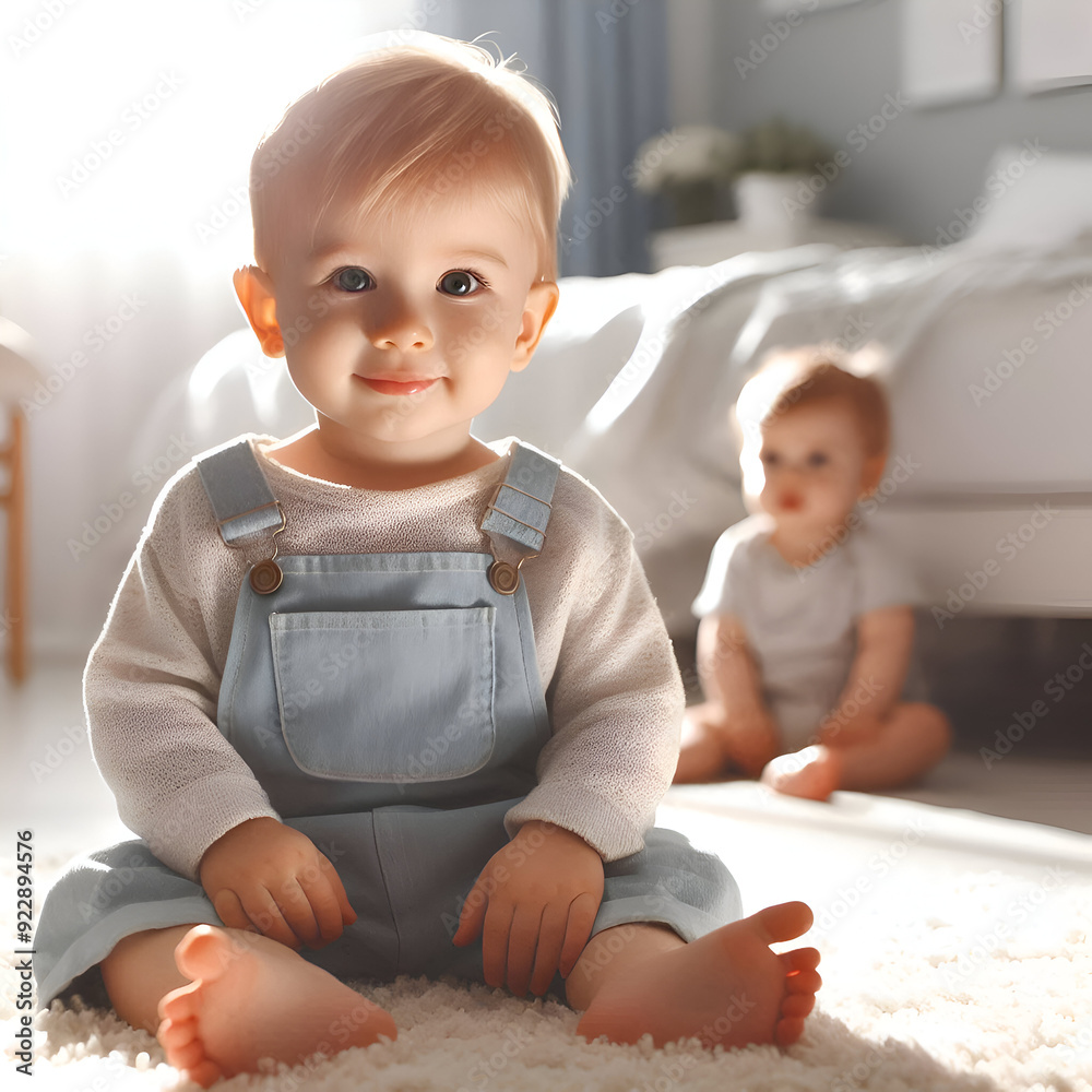 Blonde baby boy in a bright, sunlit bedroom, sitting on a white carpet on the floor. One-year-old child in a peaceful setting, with selective focus Blonde baby boy in a bright, sunlit bedroom, sitting on a white carpet on the floor. One-year-old child in a peaceful setting, with selective focus