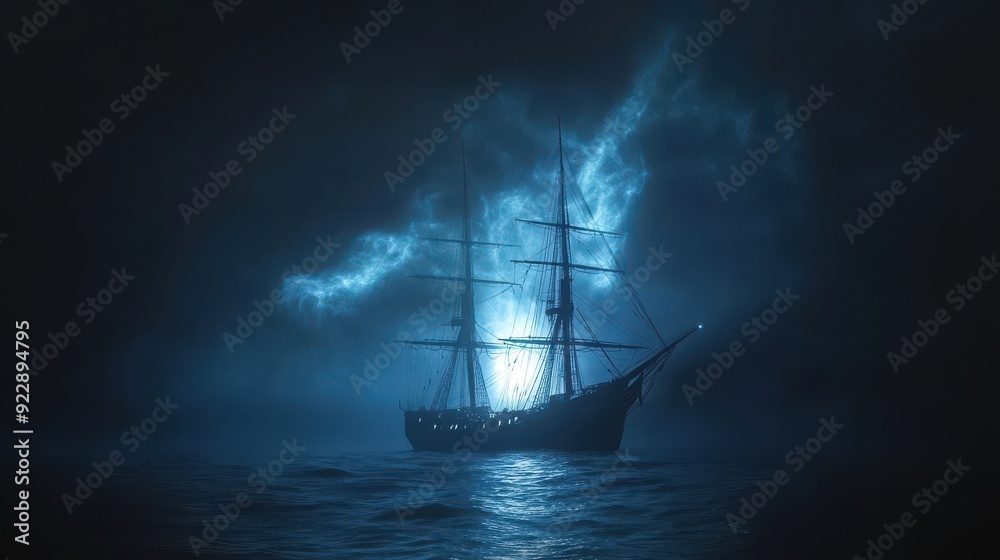 Fototapeta premium Silhouette of a Tall Ship Sailing Through a Foggy Night.