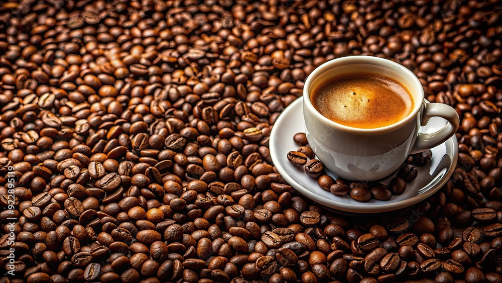 Close-up of a cup of delicious coffee with a scattering of coffee beans, coffee, cup, beverage, morning, aroma, caffeine Close-up of a cup of delicious coffee with a scattering of coffee beans, coffee, cup, beverage, morning, aroma, caffeine