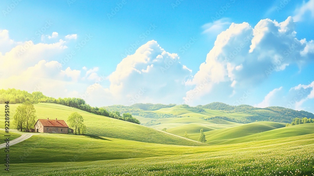 Fototapeta premium Tranquil Countryside: A picturesque scene of rolling hills, lush greenery, and a charming house nestled amidst the landscape, under a breathtaking blue sky with fluffy clouds.
