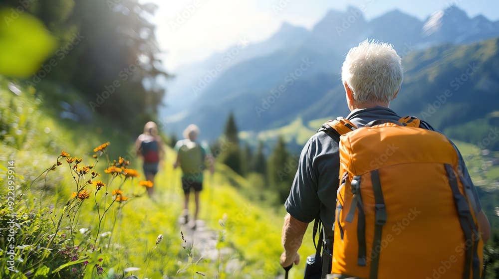 An elderly man hikes through a scenic mountain trail with friends, enjoying nature and adventure in the great outdoors. senior adventure travel concept. An elderly man hikes through a scenic mountain trail with friends, enjoying nature and adventure in the great outdoors. senior adventure travel concept.