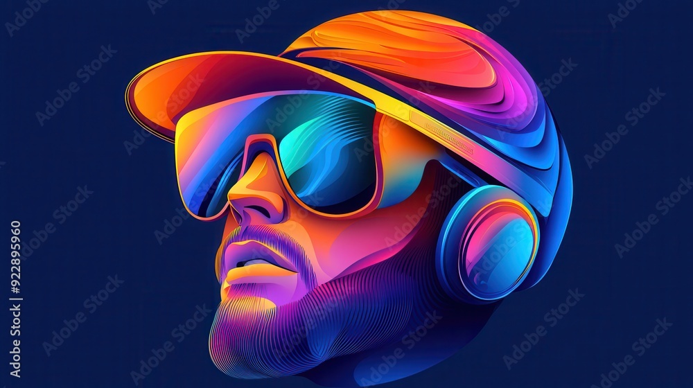 Fototapeta premium Vibrant digital art of a cool figure wearing sunglasses and headphones, showcasing modern fashion and color blend.