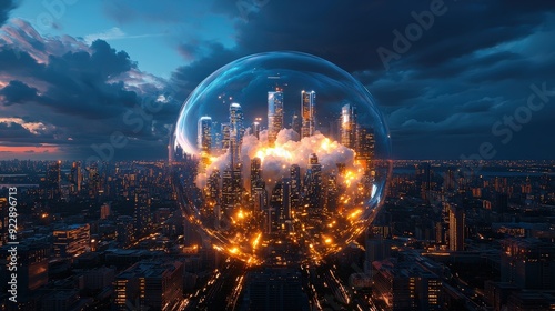 A future urban landscape including a conspicuous 'No Nuclear Weapons' placard