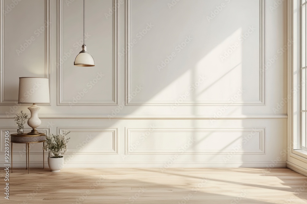 Fototapeta premium Luxury empty room with floor lamp and side table, hanging lamp, wall cornice and wood floor. 3d rendering with generative ai