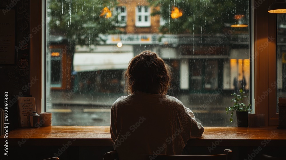 Woman Sitting by Window on Rainy Day in Cafe. Woman Sitting by Window on Rainy Day in Cafe.