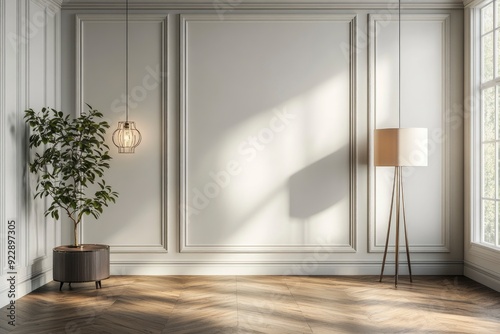 Fototapeta Naklejka Na Ścianę i Meble -  Luxury empty room with floor lamp and side table, hanging lamp, wall cornice and wood floor. 3d rendering with generative ai