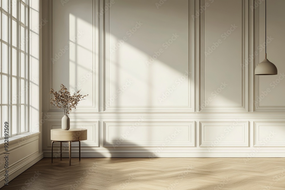 Fototapeta premium Luxury empty room with floor lamp and side table, hanging lamp, wall cornice and wood floor. 3d rendering with generative ai