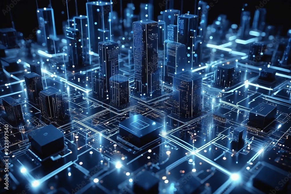 Obraz premium Digital Cityscape with Glowing Connections