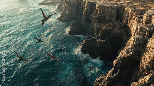 Aerial View of Birds Flying Over Rugged Coastal Cliffs and Turquoise Ocean Water.