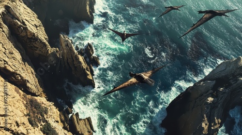 Aerial View of Pterosaurs Flying Over a Rocky Coastline. photo