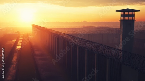 Prison Wall with Razor Wire at Sunset - Security, Confinement, Justice Concept photo