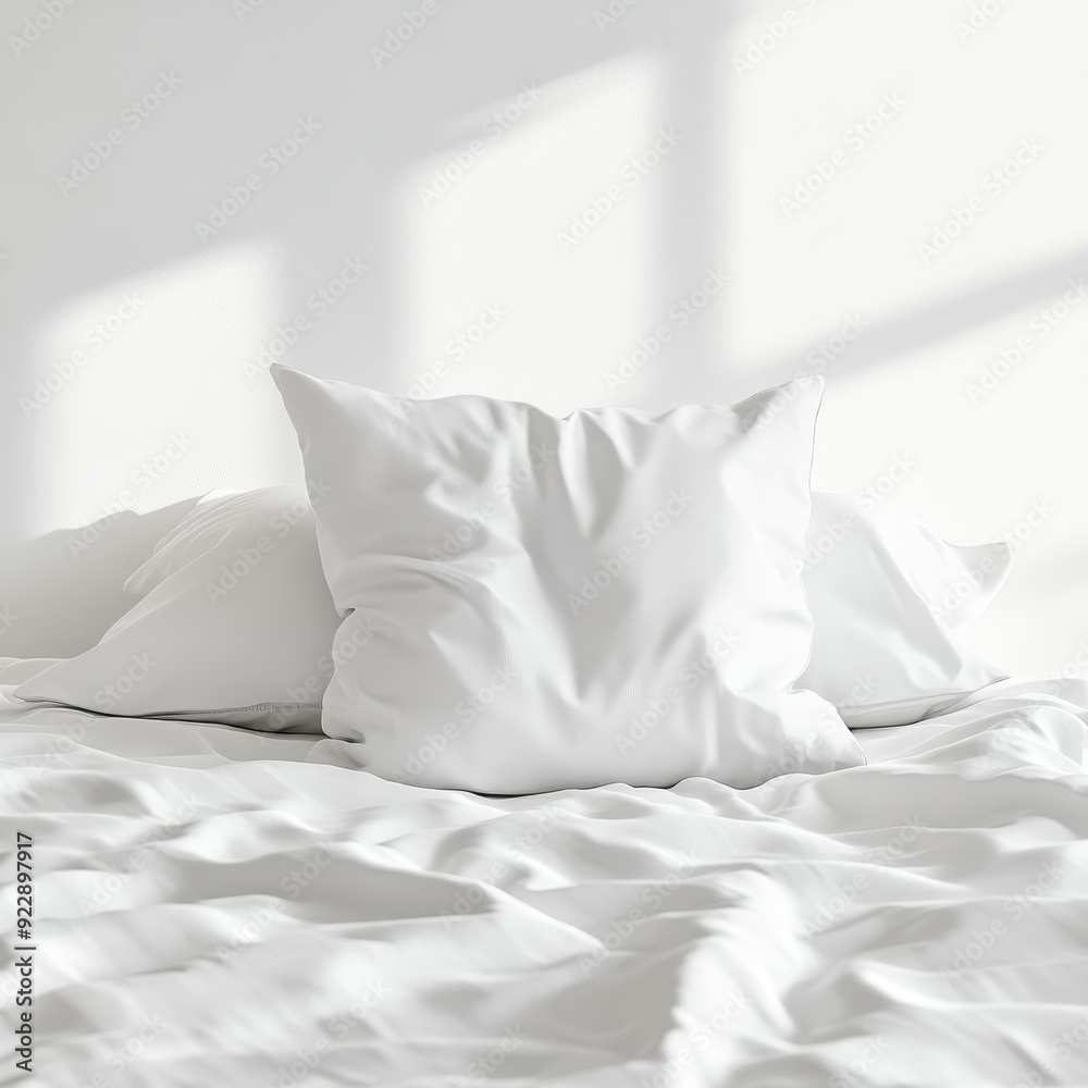 White Pillow on Wrinkled Bed Sheets with Sunlight Shadow Mockup. White Pillow on Wrinkled Bed Sheets with Sunlight Shadow Mockup.