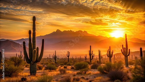 Wallpaper Mural Beautiful sunrise in the desert with warm orange hues and silhouettes of cacti and mountains in the background, desert, sunrise Torontodigital.ca