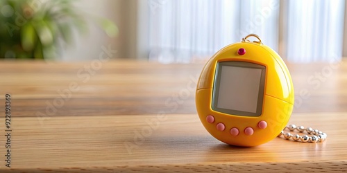 Tamagotchi digital pet device placed on a table , technology, virtual pet, electronic, gadget, toy, game, vintage photo