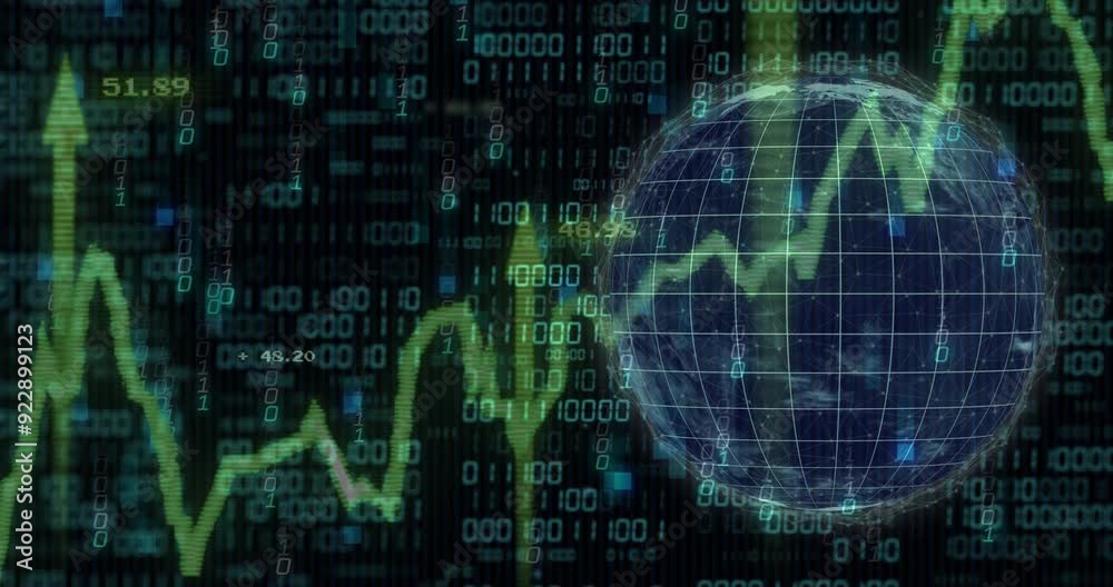 Financial data and binary coding animation over globe with stock market trends Financial data and binary coding animation over globe with stock market trends