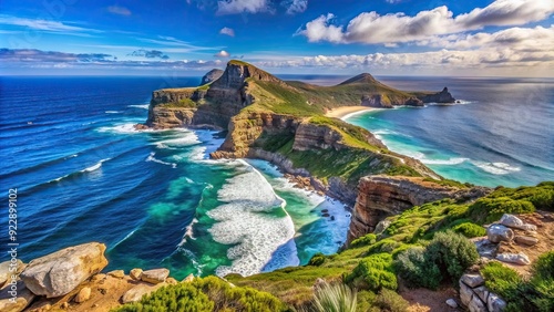 Iconic Cape of Good Hope peninsula landscape in South Africa with rugged coastline and blue ocean , scenic, landmark