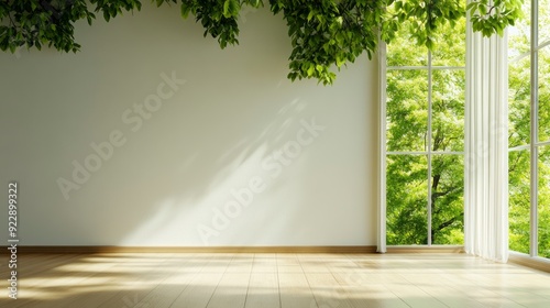 Empty Room With White Walls, Sheer Curtains, And Tree Shadows, Sunlight Warming The Space