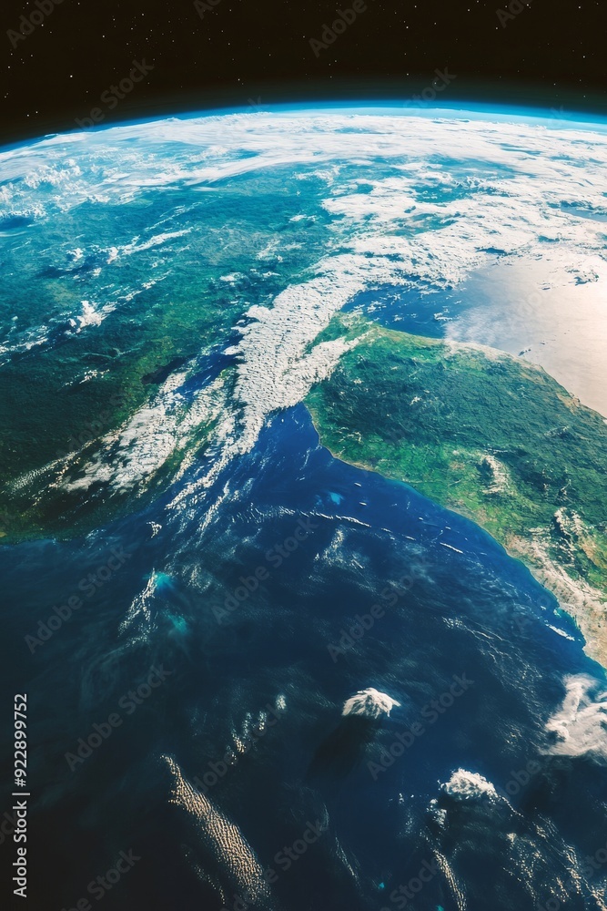 Fototapeta premium A detailed view of Earth's surface and continents from space, with lush green landscapes and vast blue oceans. The scene highlights the natural beauty and diversity of our planet as seen from above