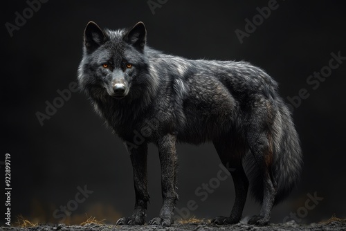 A black wolf stands alone with piercing amber eyes, highlighted against its dark fur and a plain backdrop. The wolf's alert stance and sleek coat command attention and evoke a sense of power