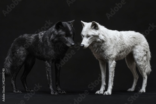 A black wolf and a white wolf stand face to face, their bodies almost touching, against a solid black background. Their mutual stare is intense, showcasing their strong bond