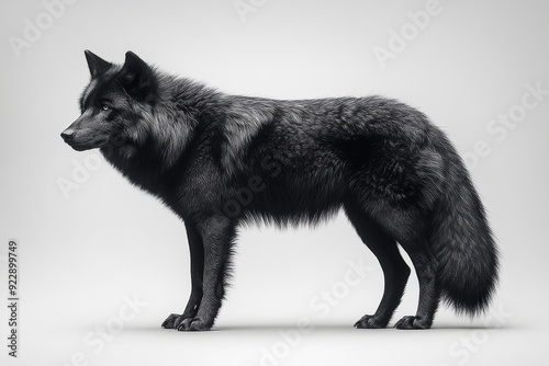 A hyper-realistic side profile of a majestic black wolf, its thick fur detailed against a clean grey background, showcasing its sleek form and intense, focused expression