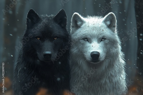 Two wolves, one black and one white, stand side by side in a forest setting. Their intense gaze captures the viewer's attention as snowflakes gently fall around them