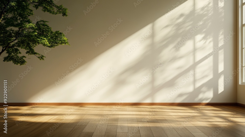 Fototapeta premium Empty Room With White Walls, Tree Shadows, And Sunlight, A Serene Space
