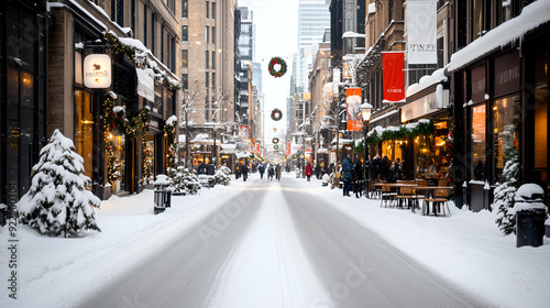 Festive Winter City Street with Snowfall for Holiday Greetings