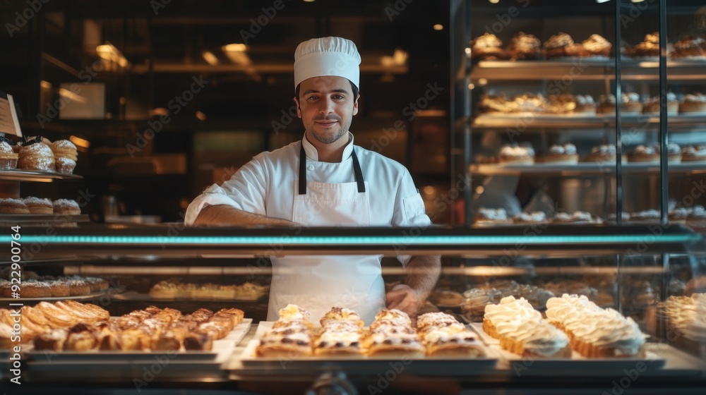 A chef shows off a display case full of pastries, AI generated Image A chef shows off a display case full of pastries, AI generated Image