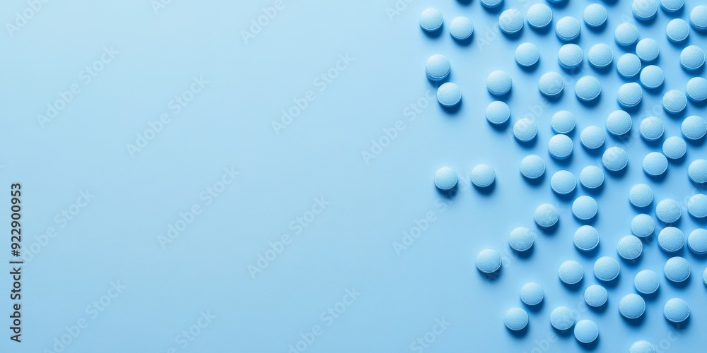 A scattered arrangement of blue pills on a soft blue surface, creating a calming and minimalist aesthetic. Ideal for healthrelated topics A scattered arrangement of blue pills on a soft blue surface, creating a calming and minimalist aesthetic. Ideal for healthrelated topics
