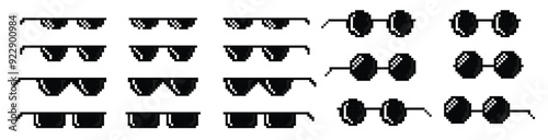 Pixel glasses. Thug life sunglasses meme, like a Boss. Comic 8 bit pixelated black gangster accessory icons. Cartoon 16 bit rapper eyeglasses. Network joke emoticon. Vector set