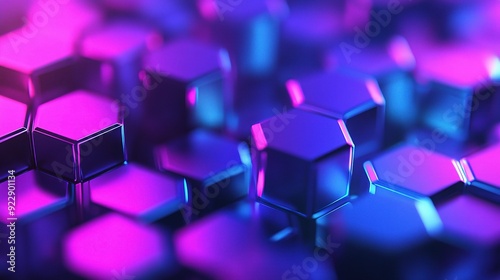 Neon Hexagon Abstract: A mesmerizing close-up of vibrant purple and blue metallic hexagons, creating a futuristic and dynamic abstract background. Perfect for tech, design, and energy concepts. 