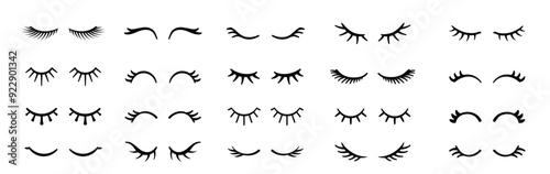 Cartoon eyelashes. Cute close eye with lash, girl face with mascara lashes, woman makeup, sleeping beauty. Funny closed unicorn eyes. Vector set