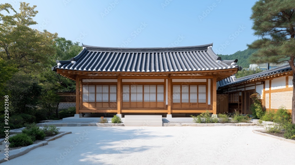 Traditional Korean house with a serene garden in a mountainous area during daylight. Traditional Korean house with a serene garden in a mountainous area during daylight.